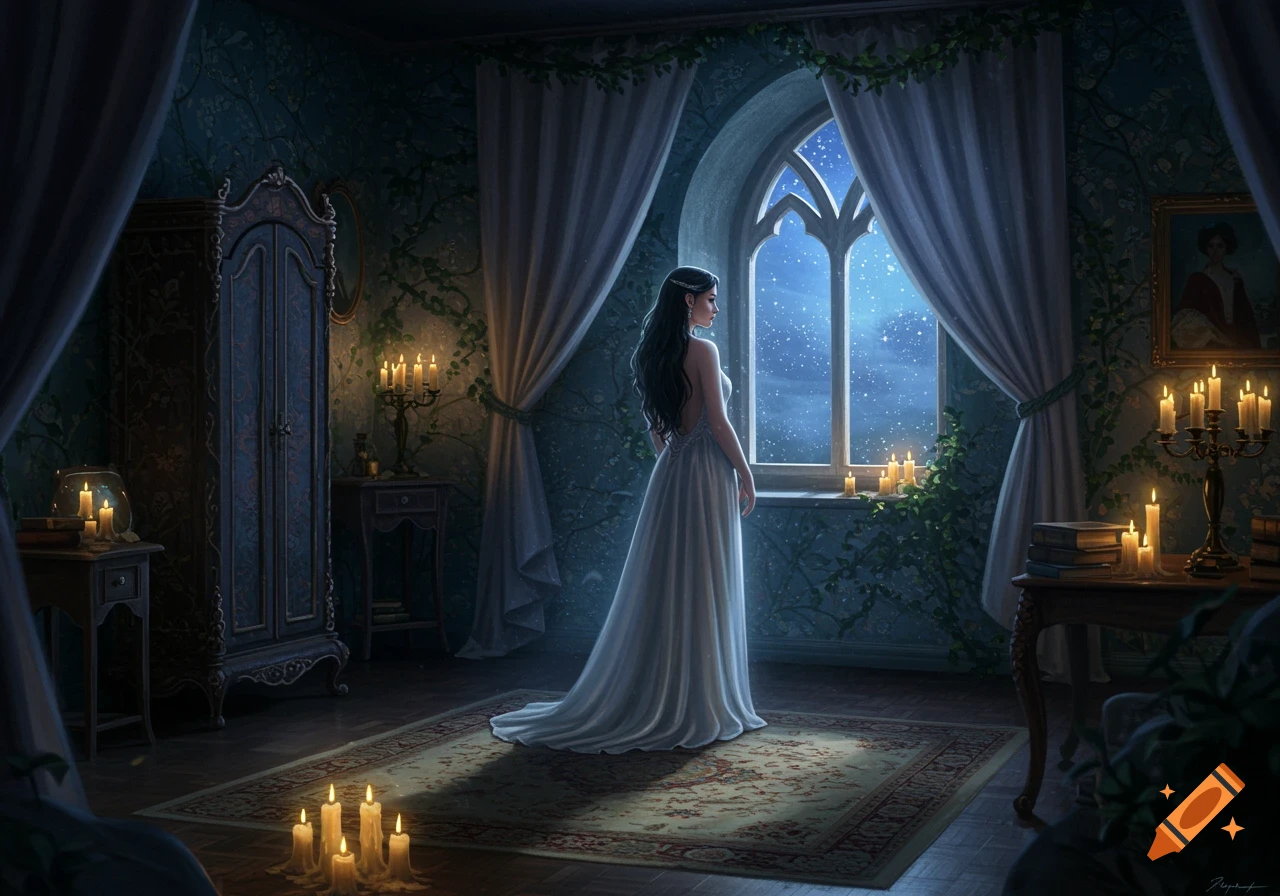 A woman in a white dress stands in a fairytale bedroom at night, looking out a gothic window at a starry sky, illuminated by candlelight.