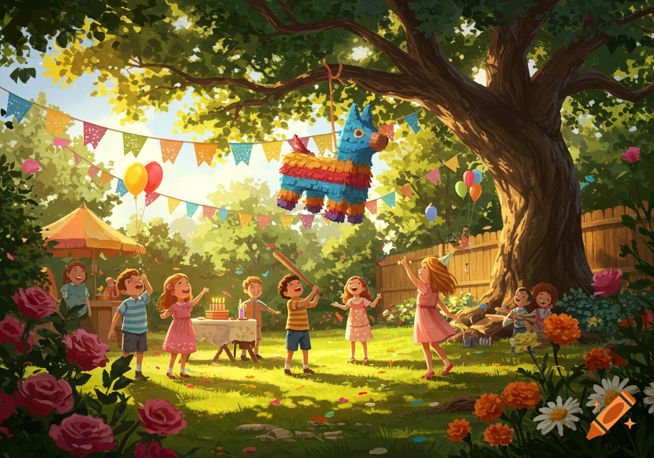 Vibrant illustration of children celebrating a piñata party in a sunny backyard with a large tree, balloons, and banners.