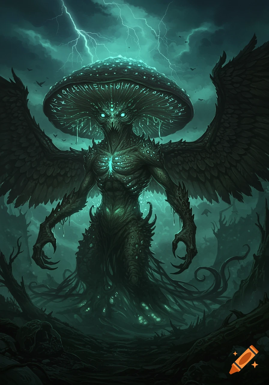 A monstrous, glowing, green-teal Lovecraftian creature with a mushroom head, large wings, and tentacles in a dark, stormy swamp.