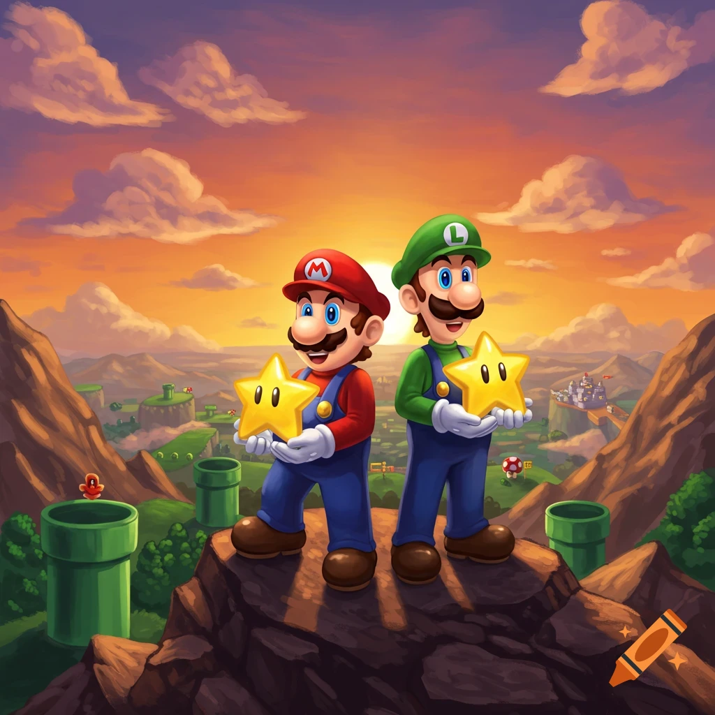 Mario and Luigi hold Super Stars on a cliff overlooking a vibrant Super Mario Bros. landscape at sunset.