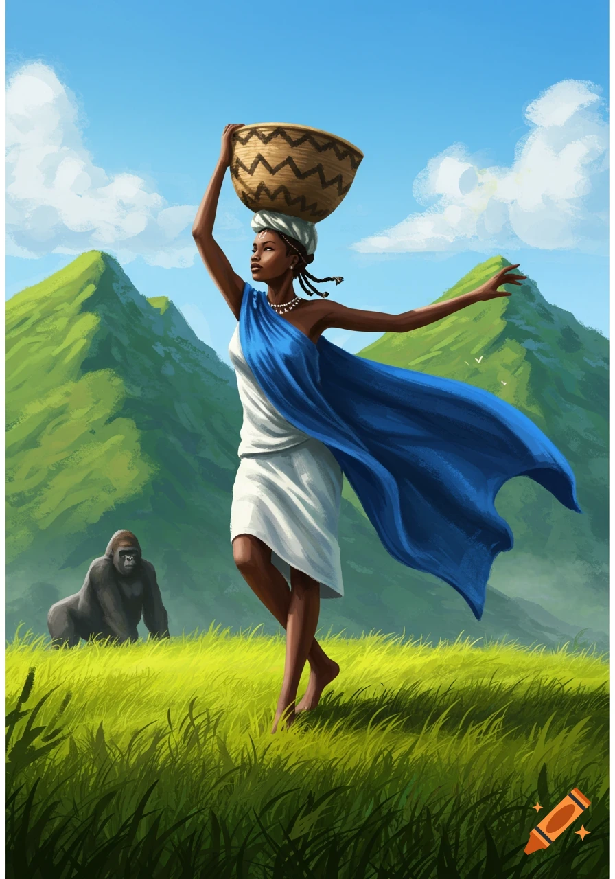 A Rwandan woman in white and blue, with a basket on her head, dances in a grassy mountain landscape with a gorilla in the background. Painted style.
