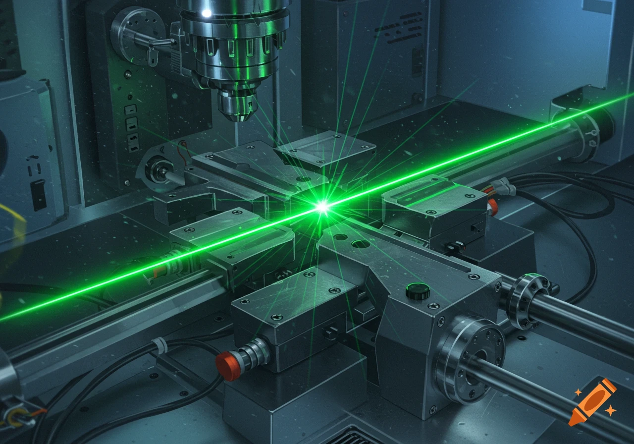 Close-up of a bright green laser beam cutting through complex industrial or scientific machinery, rendered in a photorealistic style.