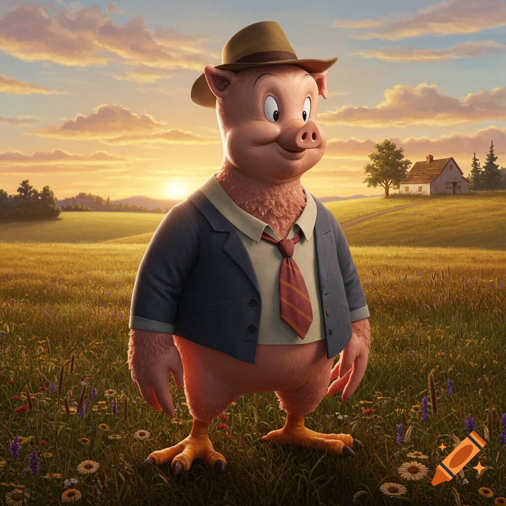 A realistic, anthropomorphic pig-chicken hybrid character wearing a suit and fedora stands in a grassy field at sunset.