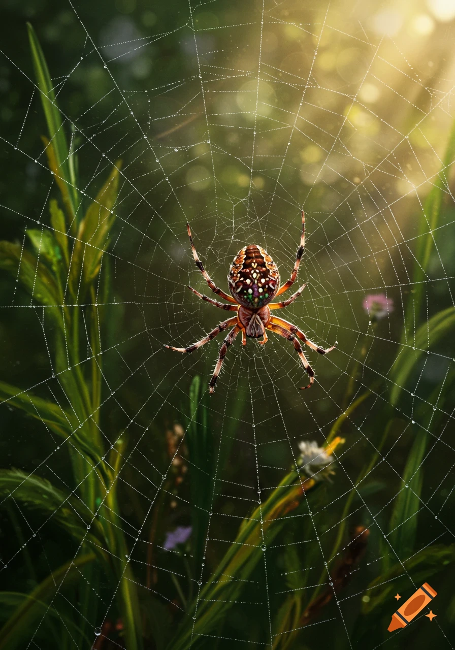 A detailed, photorealistic macro shot of a brown and white patterned spider on a dewy web in a sunlit garden.