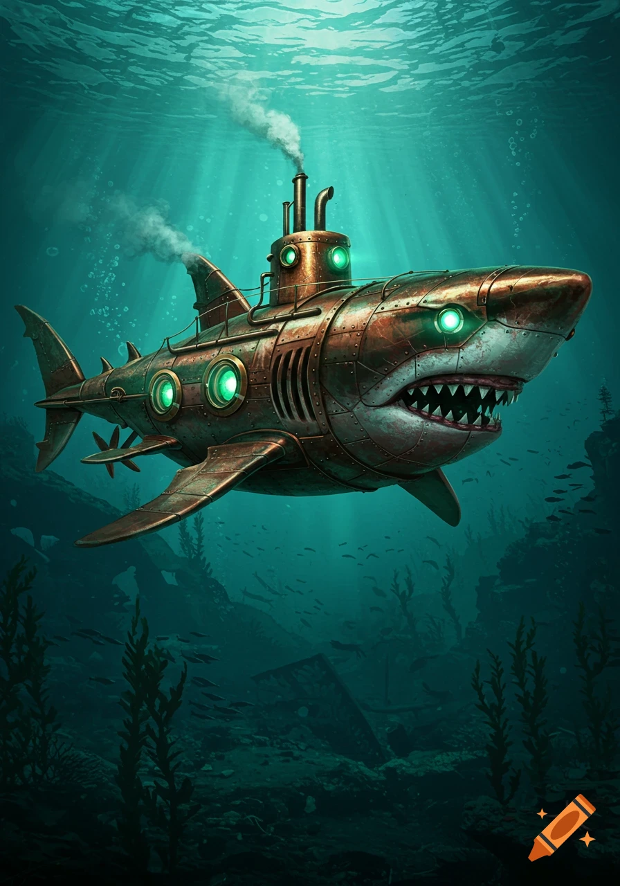 A steampunk submarine designed like a shark swims underwater with glowing green eyes and smoke plumes, digital art.