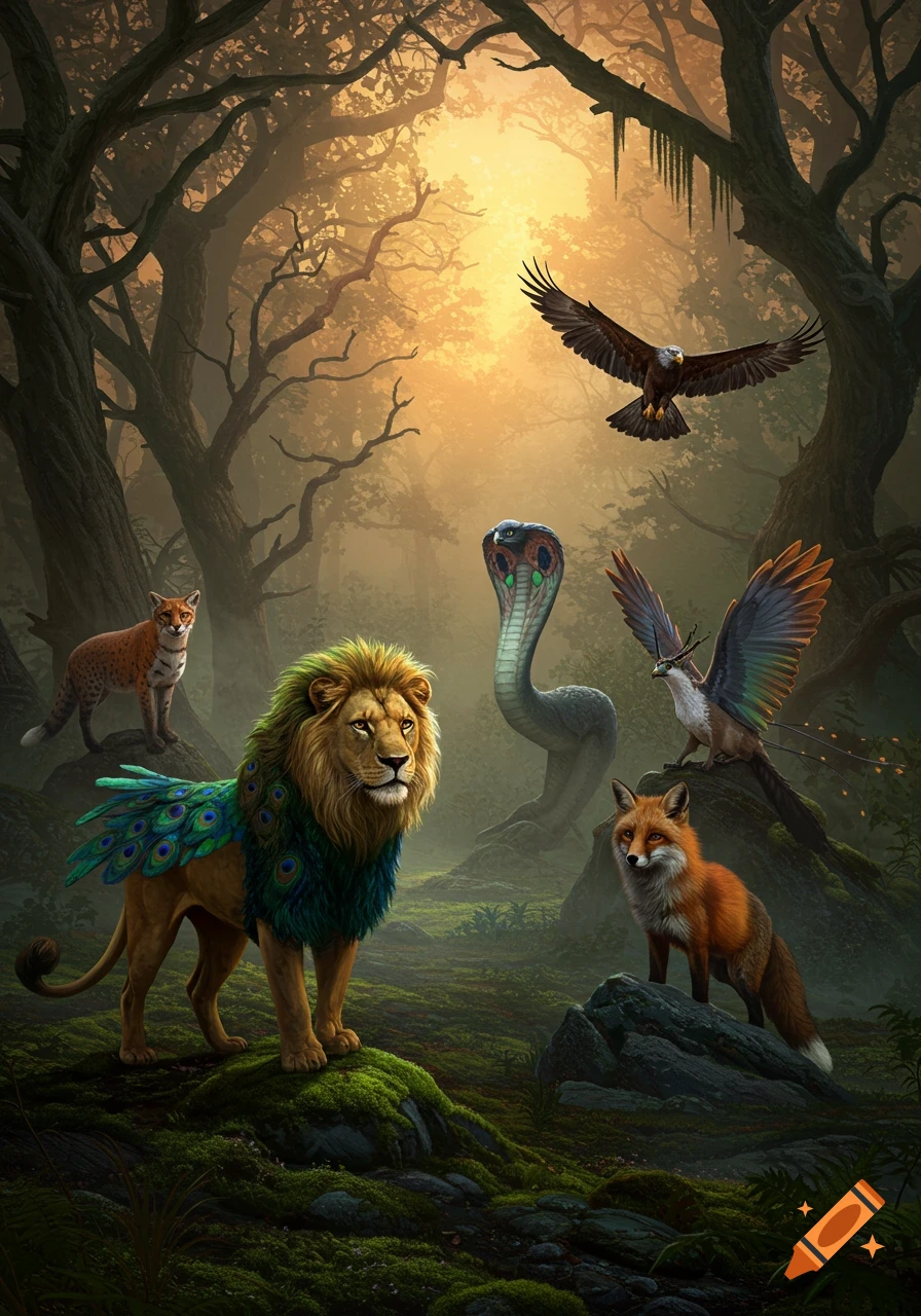 Digital painting of a lion with peacock feathers, a fox, an eagle, and other hybrid creatures in a misty, sunlit fantasy forest.