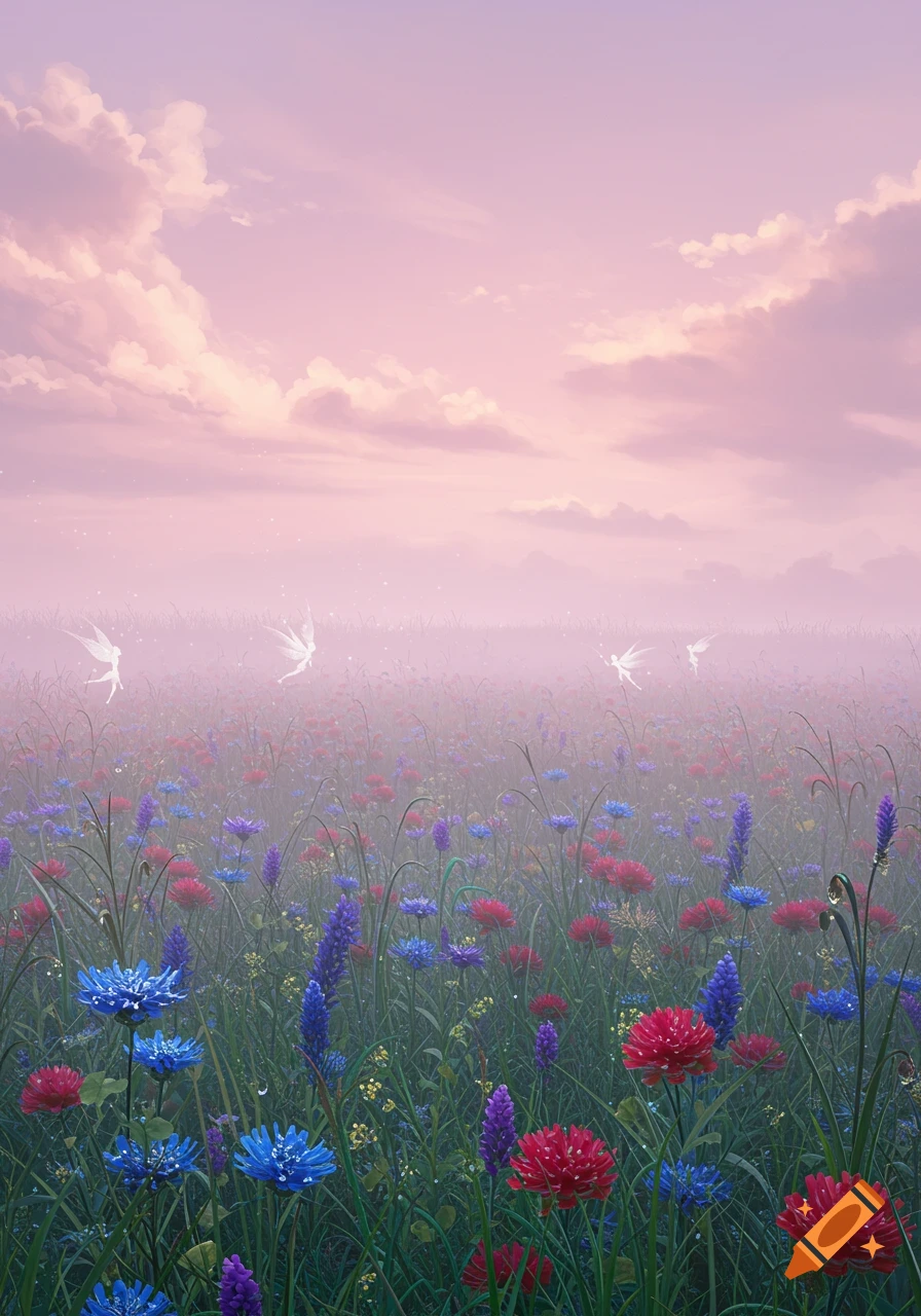 A mystical meadow filled with vibrant red, blue, and purple flowers under a soft pink and purple sky, with several small, glowing fairies flying in the misty distance.