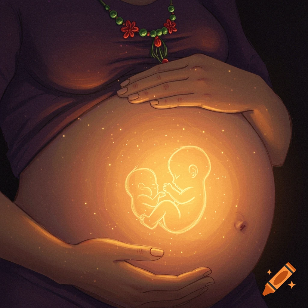 Illustration of a pregnant woman's belly glowing from within, revealing two fetal silhouettes, with hands cradling it and a floral necklace.