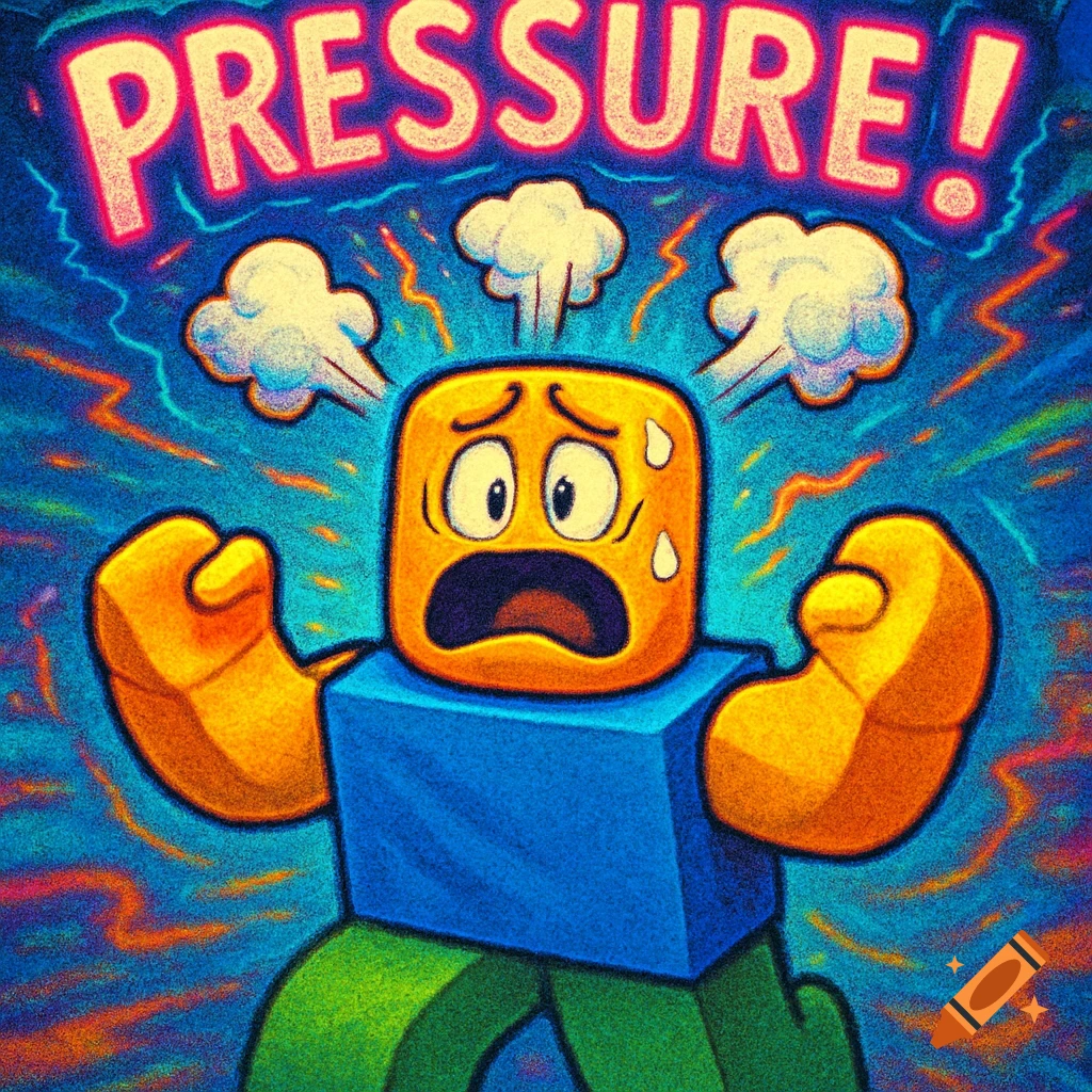 A distressed Roblox-style character with sweat and steam, eyes wide, hands clenched, under the glowing word 'PRESSURE!' in a textured cartoon style.