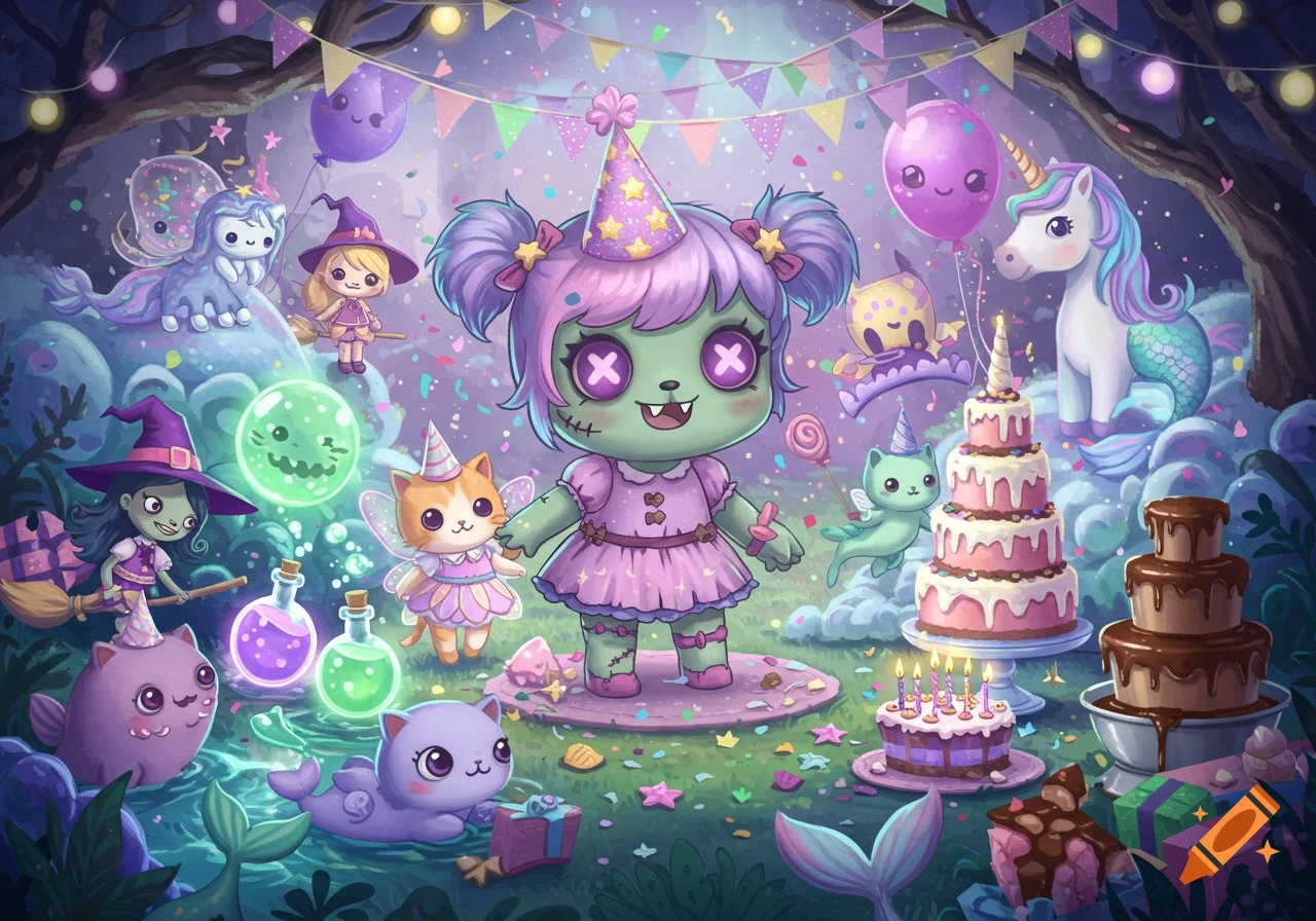 A colorful cartoon zombie girl's birthday party with unicorns, mermaids, fairies, witches, cats, cakes, and confetti.