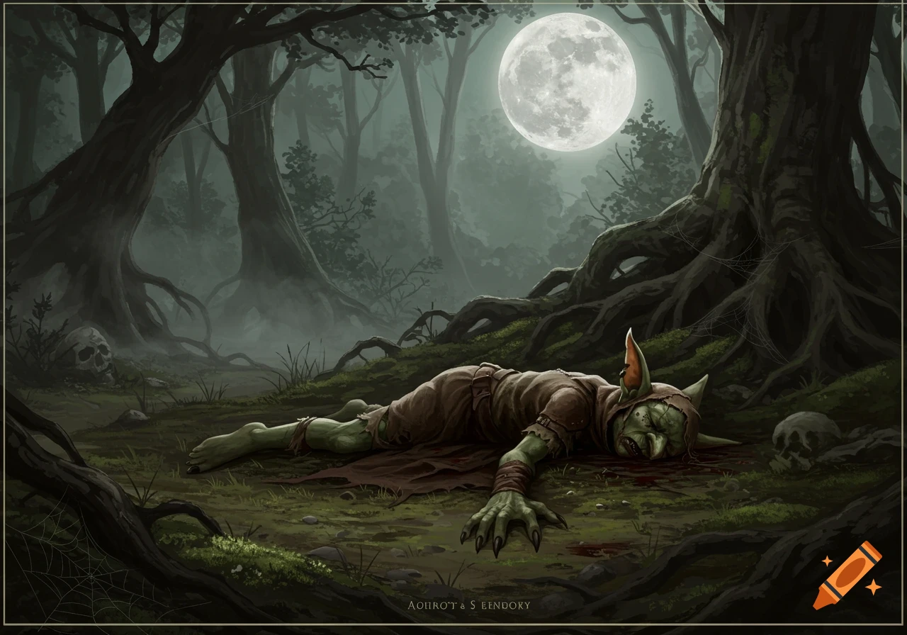 A dead goblin lies on the mossy ground in a dark, misty forest under a large full moon, with exposed tree roots and scattered skulls.