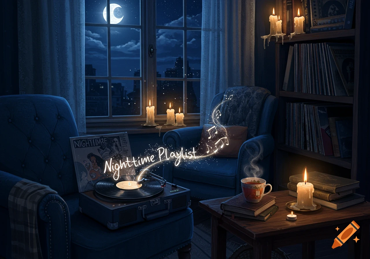 A cozy room at night with a record player, glowing music notes, lit candles, a teacup, and a moonlit window.