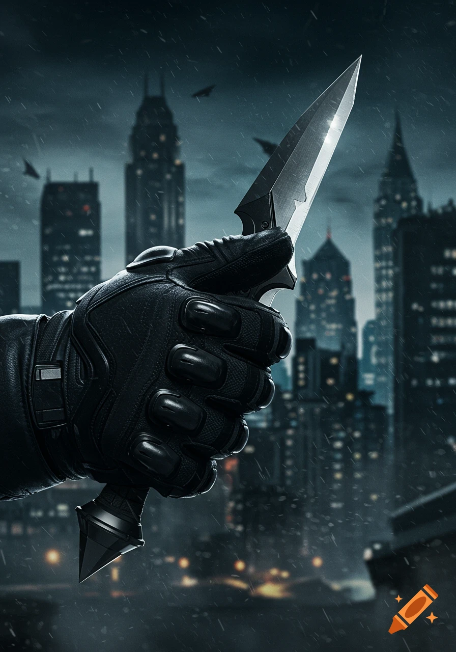 Batman's gloved hand holds a sharp blade menacingly in a rainy, dark city at night. Photorealistic.