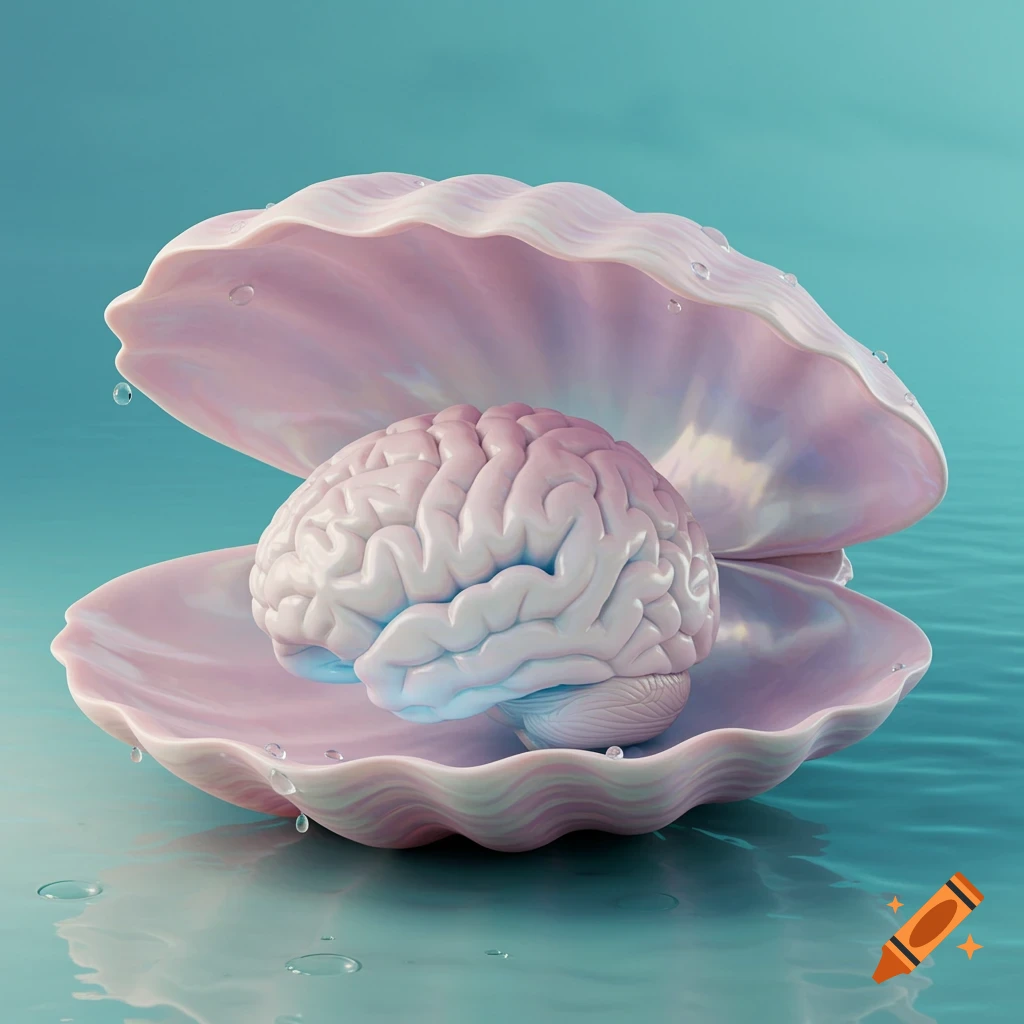 A human brain rests inside an open pink clam shell on a calm, teal water surface, with water droplets, in a photorealistic style.
