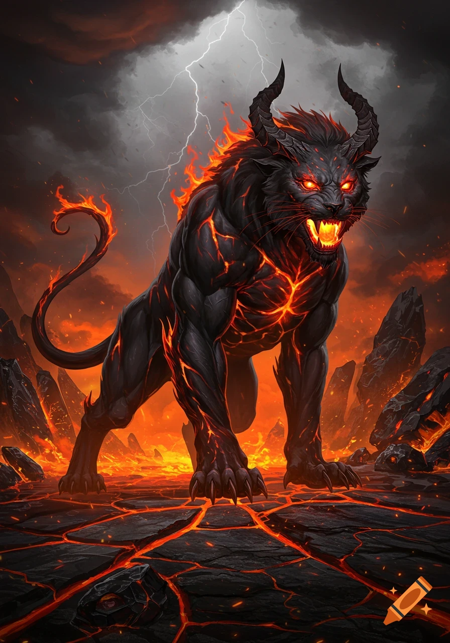 A powerful, black, demonic cat-like creature with horns and glowing red eyes, covered in fiery cracks, stands on a volcanic landscape under a stormy sky with lightning.