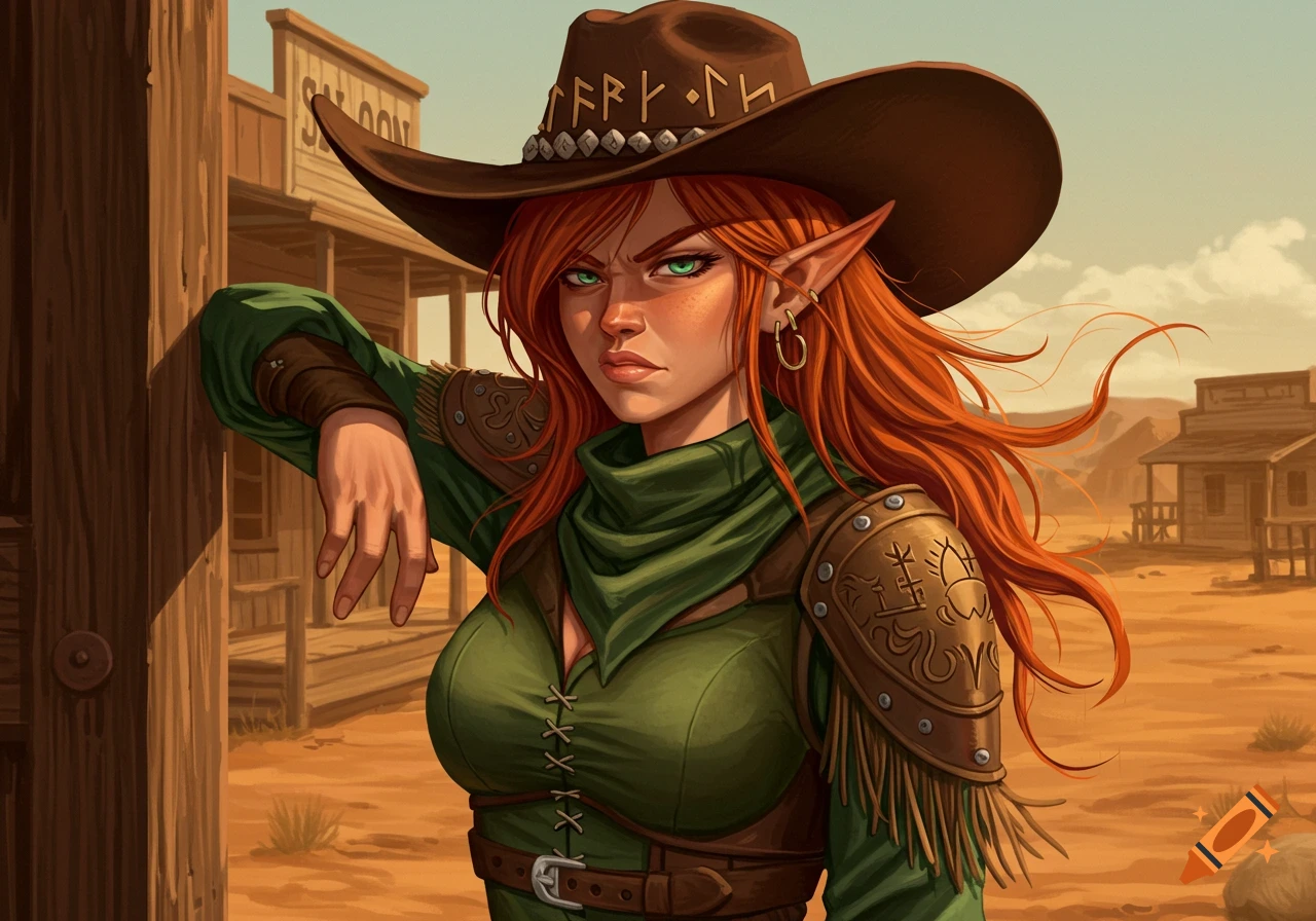 A red-headed elf in a cowboy hat and green outfit leans against a wooden post in a dusty Old West town, looking frustrated.