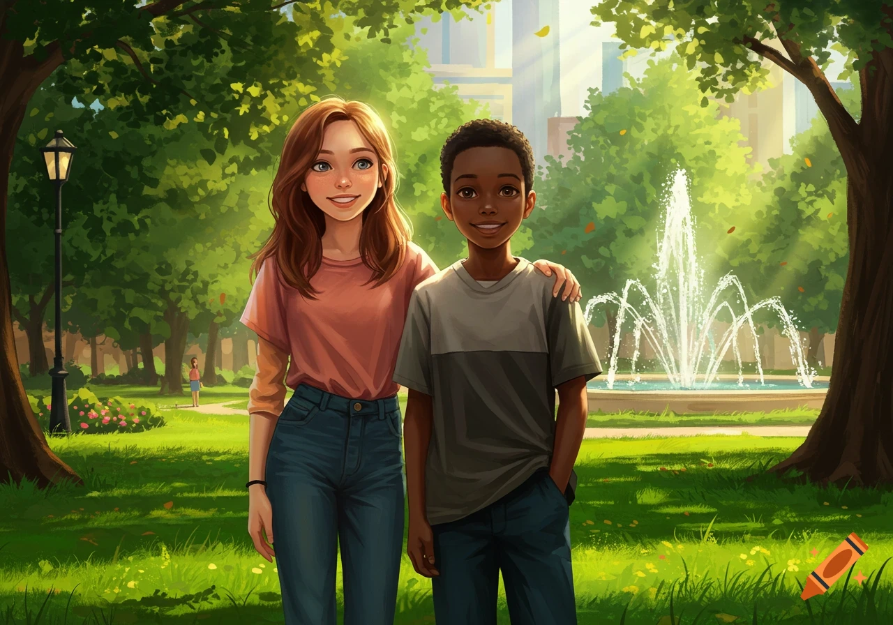 Illustration of a smiling white girl and black boy standing in a sunny park with a fountain.