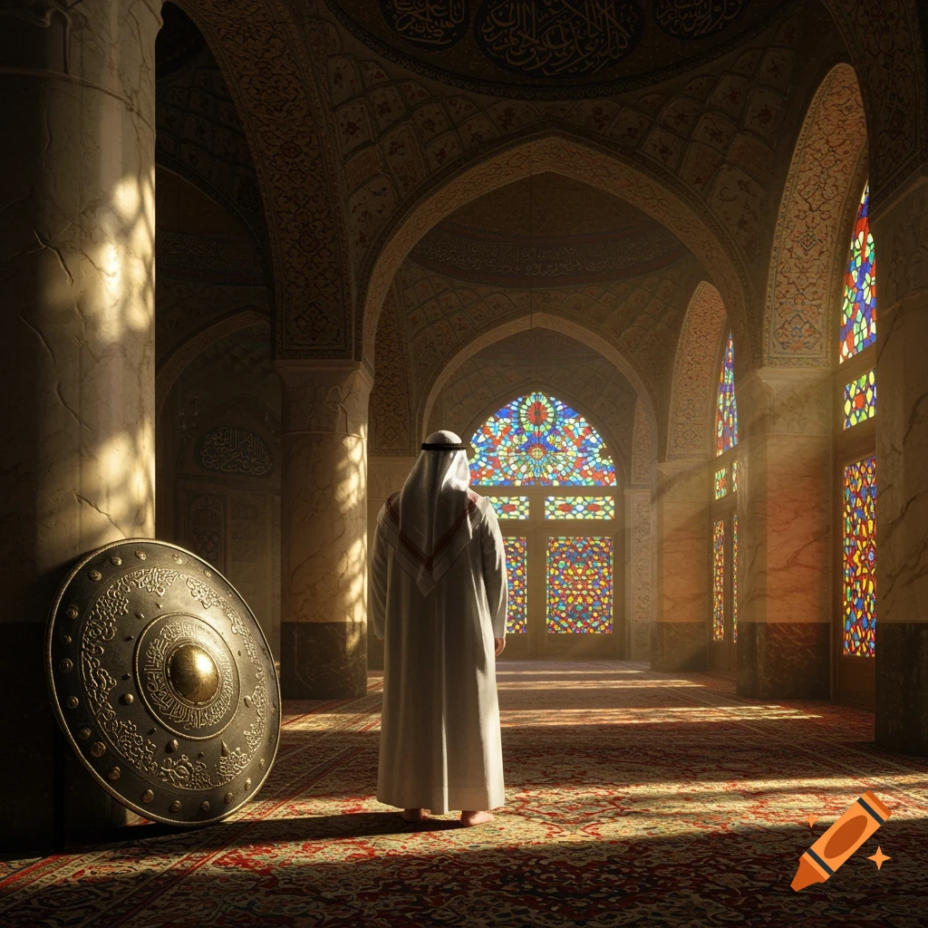 A Muslim man stands facing stained glass windows in a grand mosque interior, with an ornate shield leaning against a pillar.