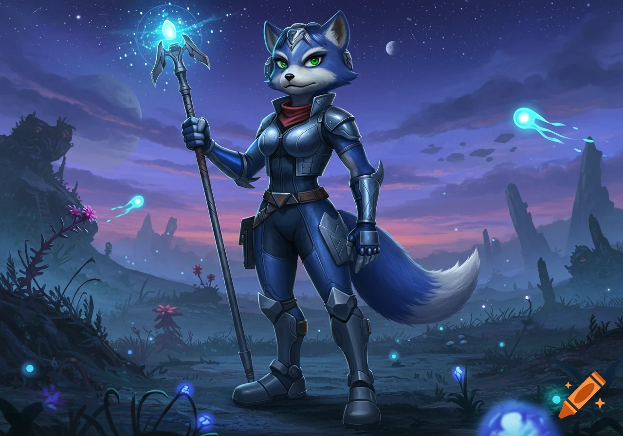 Krystal, a blue fox character in futuristic armor, stands holding a glowing staff in a fantasy alien landscape under a night sky.