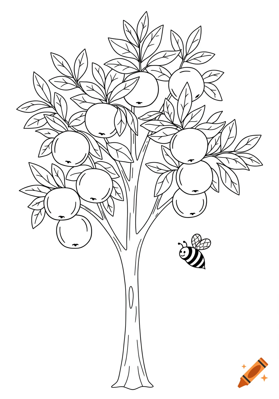 A simple black and white line drawing of a tree laden with fruit and a bee flying nearby, in a coloring page style.