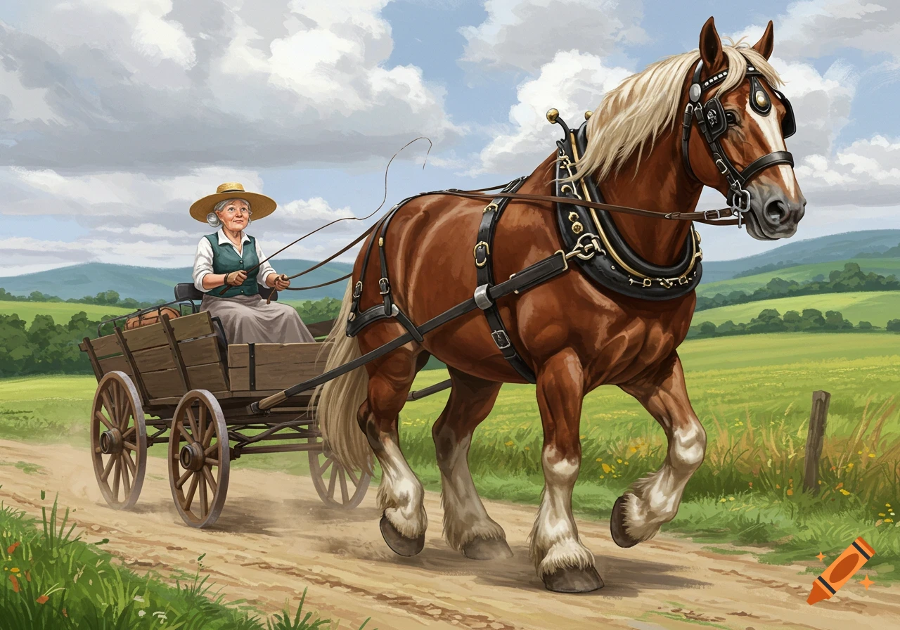 An old woman in a straw hat drives a large brown draft horse pulling a wooden cart down a dirt road in a sunny, green rural landscape. Illustrated style.