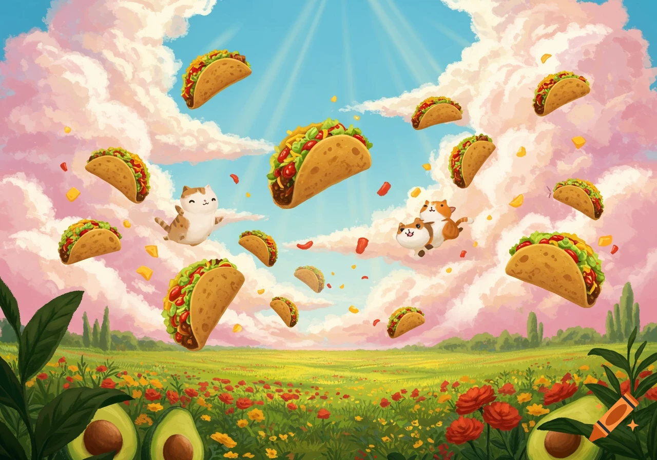 Cute cartoon cats and tacos float in a pink and blue cloudy sky above a vibrant green field with flowers and avocados.