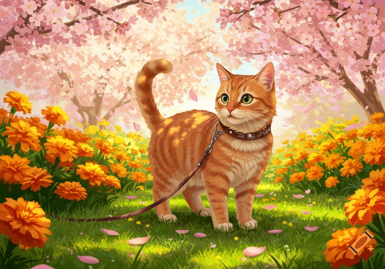 An orange tabby cat with a leash stands in a vibrant spring field with orange flowers and pink cherry blossoms.