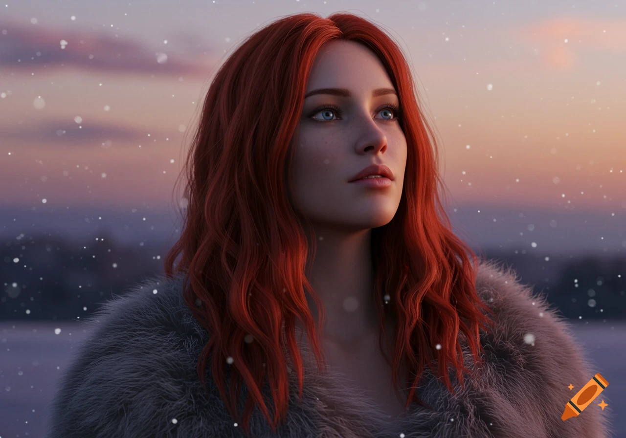 A photorealistic portrait of a woman with long red hair wearing a fur coat, looking up into a snowy twilight sky.