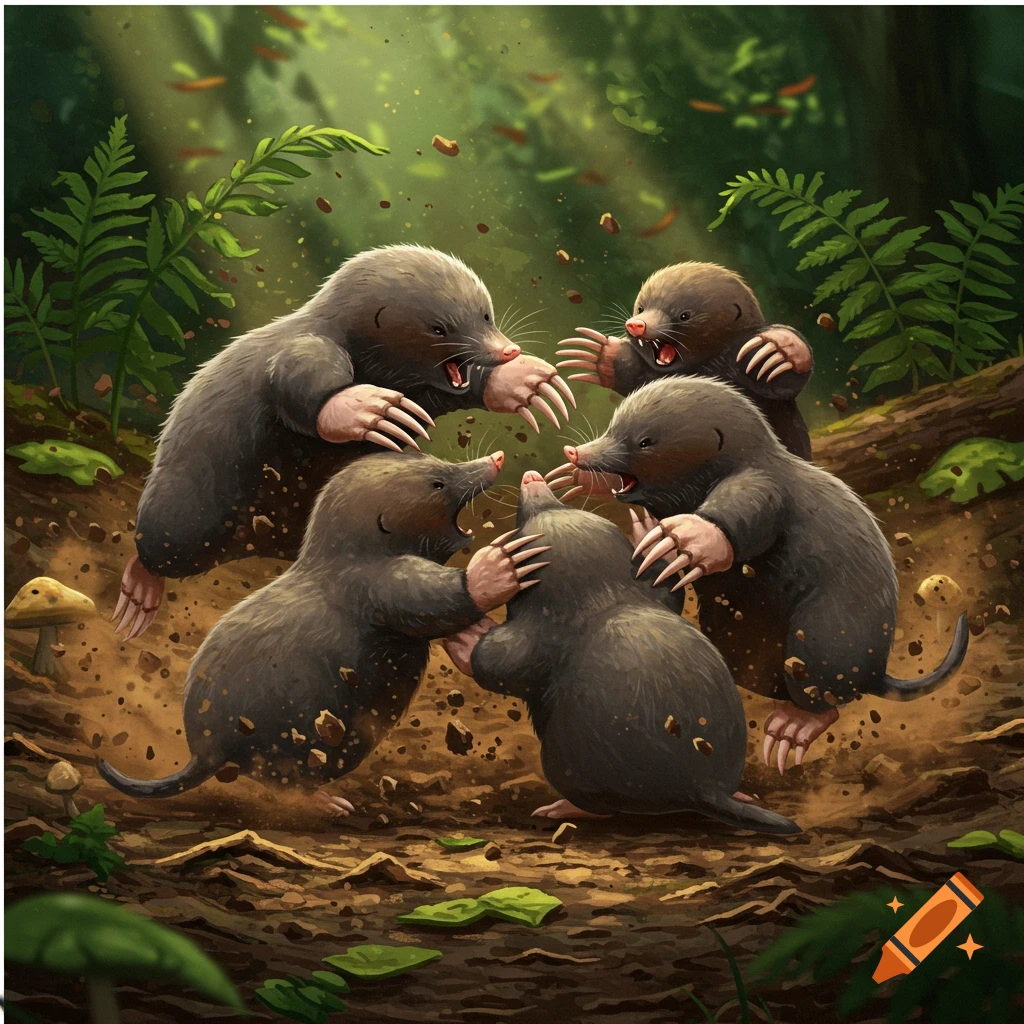 Five moles with large claws are fighting in a forest clearing with dirt flying.