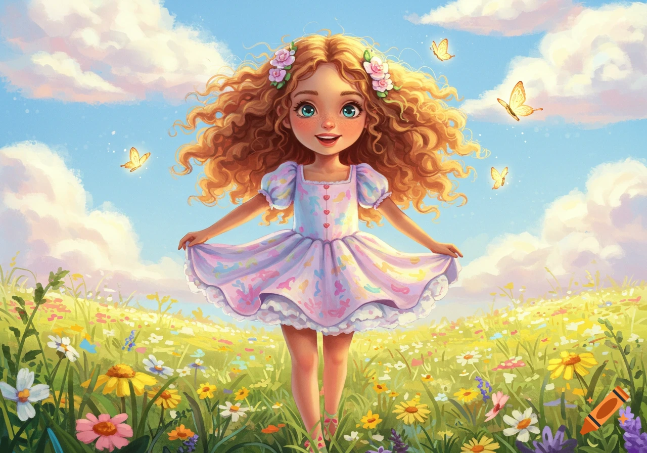 A cute cartoon girl with curly blonde hair and a lavender dress smiles in a sunny field of colorful flowers with butterflies.