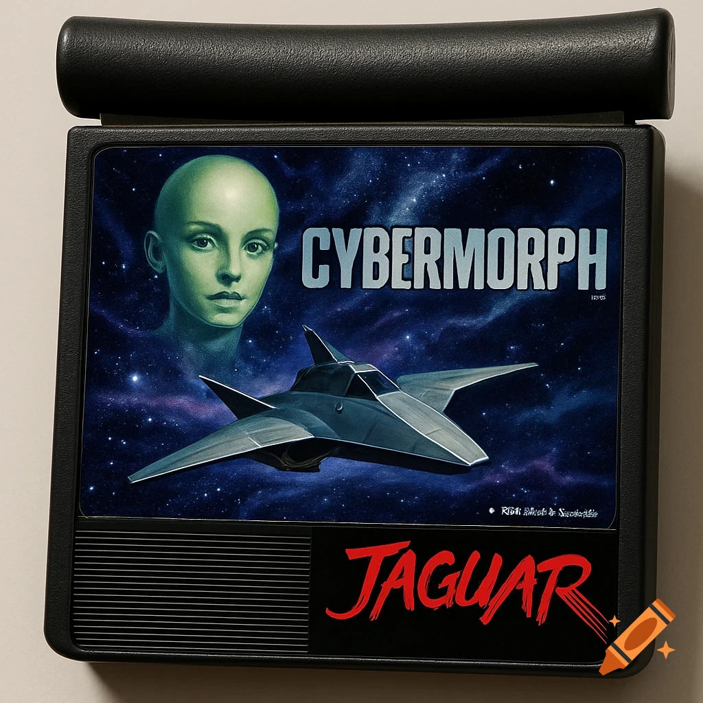 An Atari Jaguar video game cartridge titled "Cybermorph" featuring a green alien head and a spaceship against a starry space background.