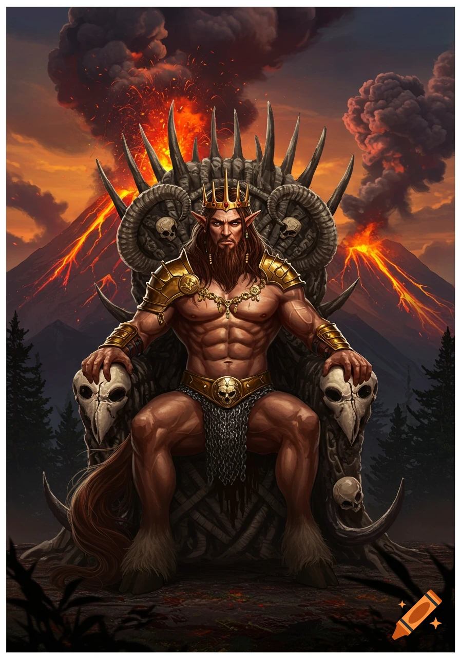 A powerful horned king-like creature, resembling a centaur or satyr, with a crown and golden armor, sits on a throne made of horns and skulls. Behind him, two volcanoes erupt with lava and smoke against an orange sky.
