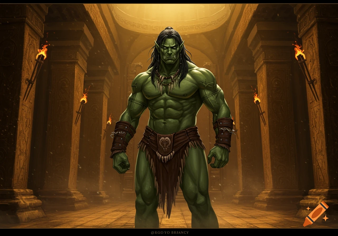 A muscular green-skinned half-orc stands confidently in a torchlit ancient hall, adorned with tribal attire.