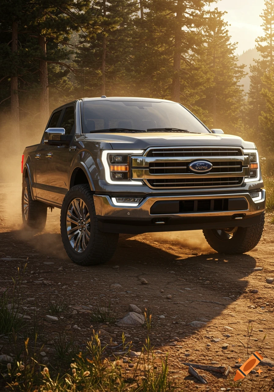 A photorealistic image of a gray Ford F-150 pickup truck driving on a dirt road through a sunlit forest, kicking up dust.