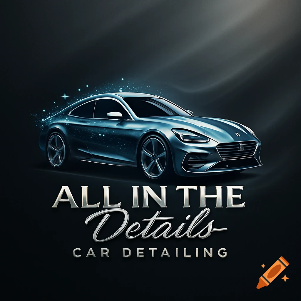A sleek blue car logo with glowing particles and the text "ALL IN THE Details CAR DETAILING" on a dark background.