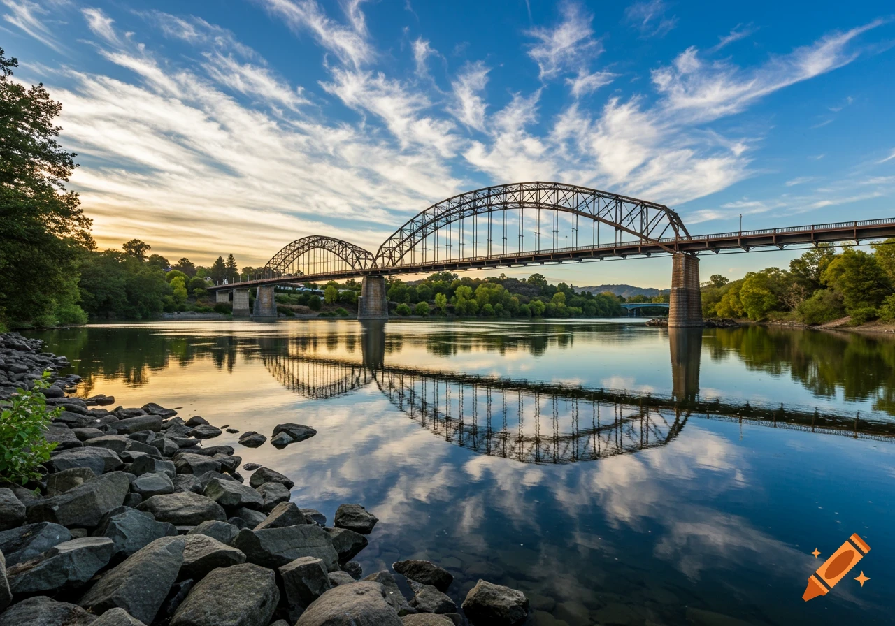 Photorealistic image of a metal arch bridge over a wide river at sunset, with cloudy sky reflected on the water and rocky banks in the foreground.