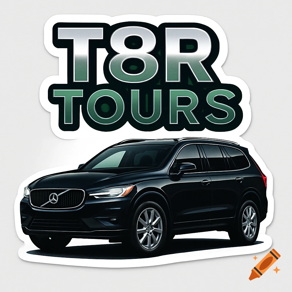 A black SUV with the text 'T8R TOURS' above it, designed as a sticker on a white background.