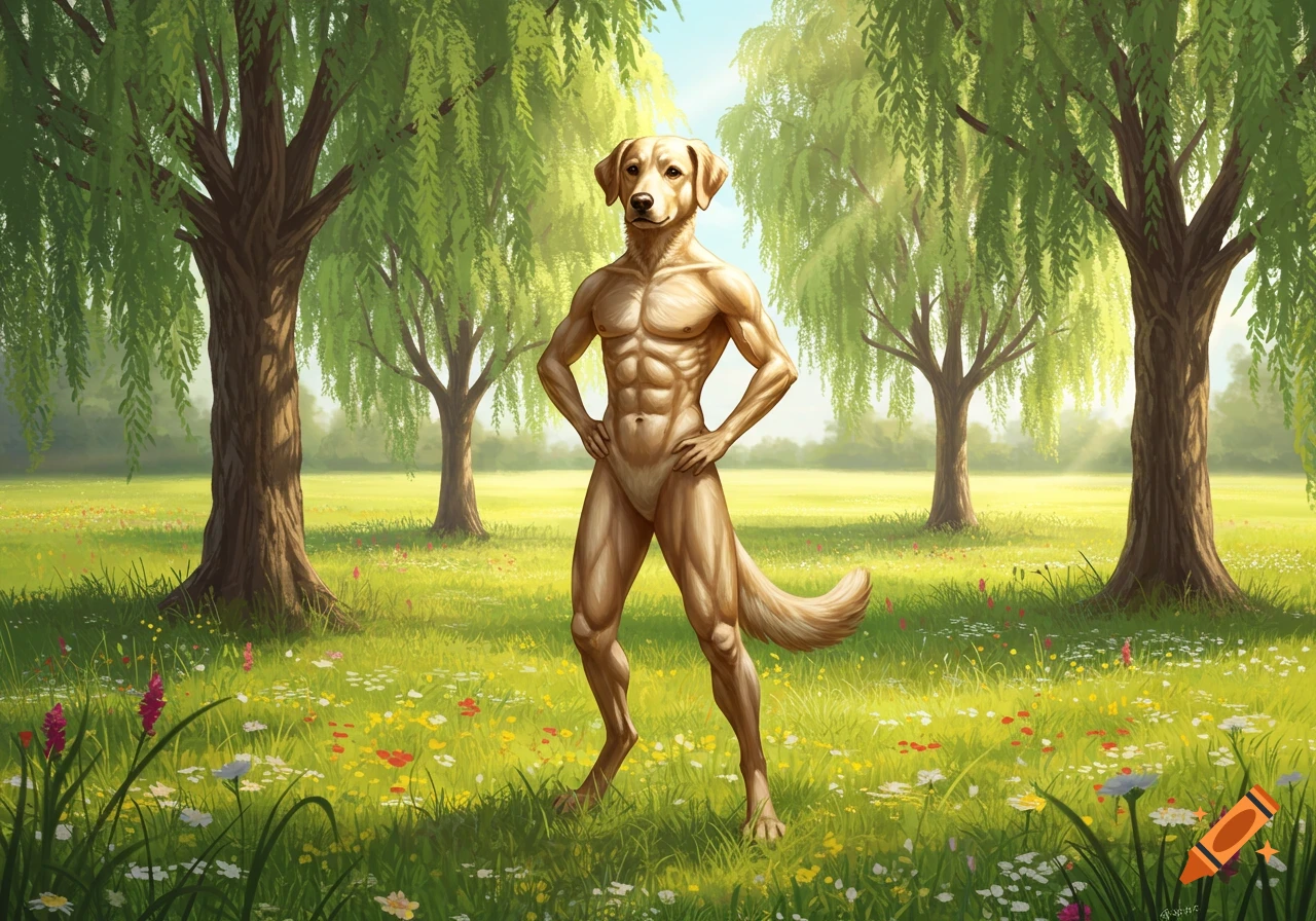 A muscular anthropomorphic golden retriever stands in a lush green field with willow trees.