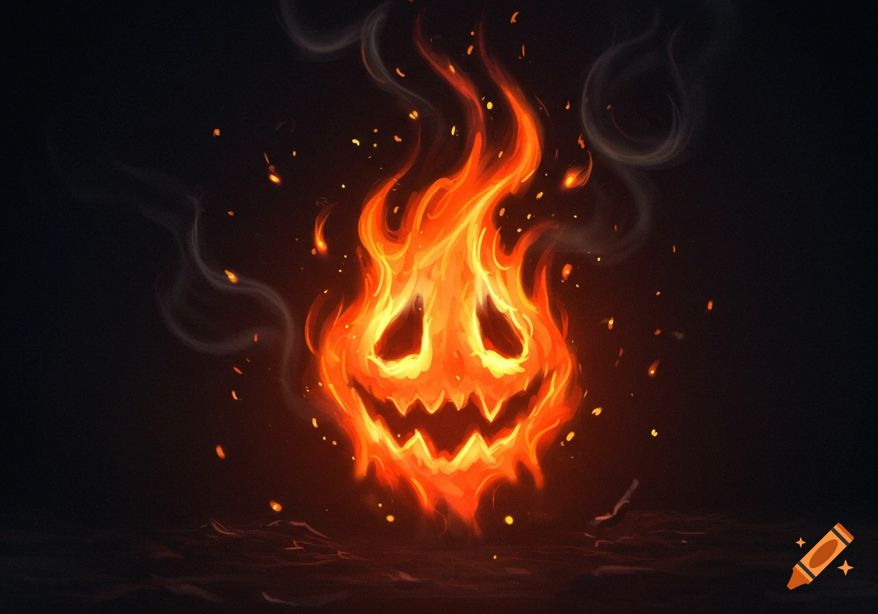 A stylized fiery ghost face with glowing eyes and mouth, set against a dark background with embers and smoke.