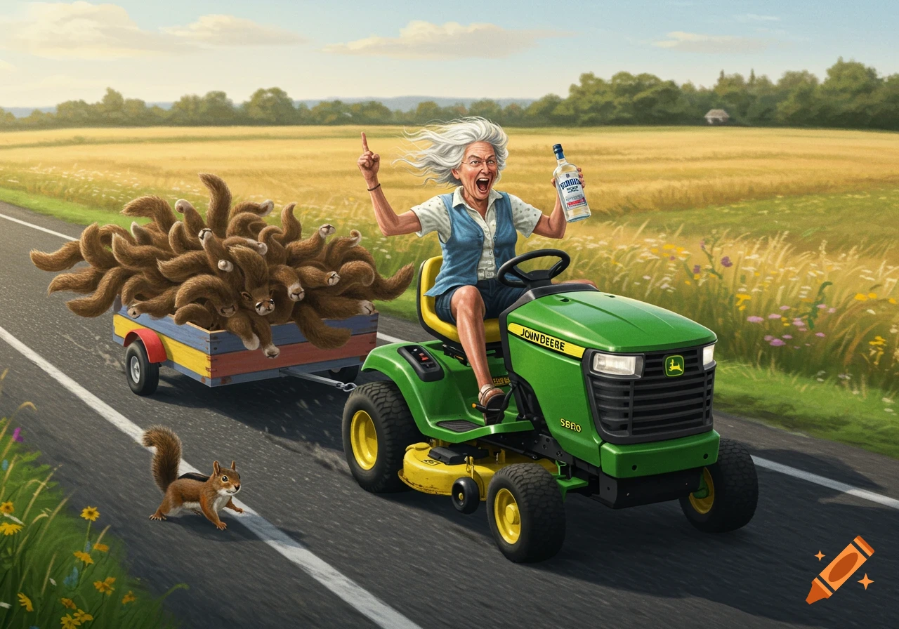 An elderly woman with wind-swept hair rides a green John Deere lawnmower on a highway, holding a bottle of vodka and pulling a trailer full of squirrel tails. A squirrel runs ahead on the road, with fields in the background.