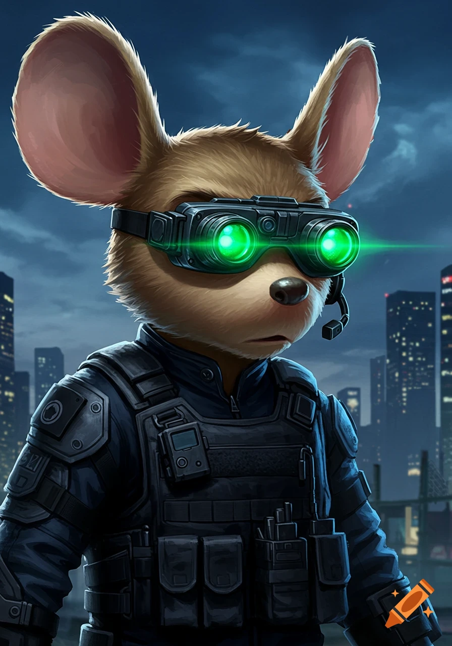 Digital painting of an anthropomorphic mouse in tactical gear and glowing green night vision goggles in a city at night.