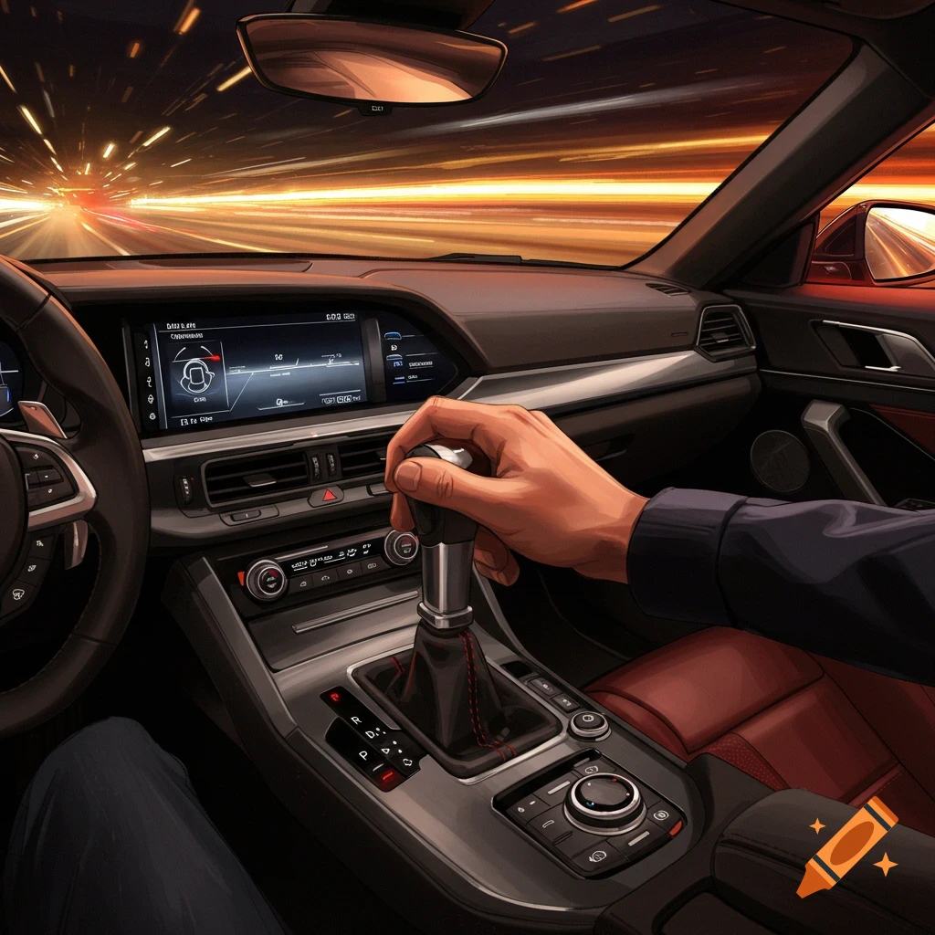 Driver's perspective inside a modern car, hand on the gear stick, with blurred light trails on a highway at high speed.