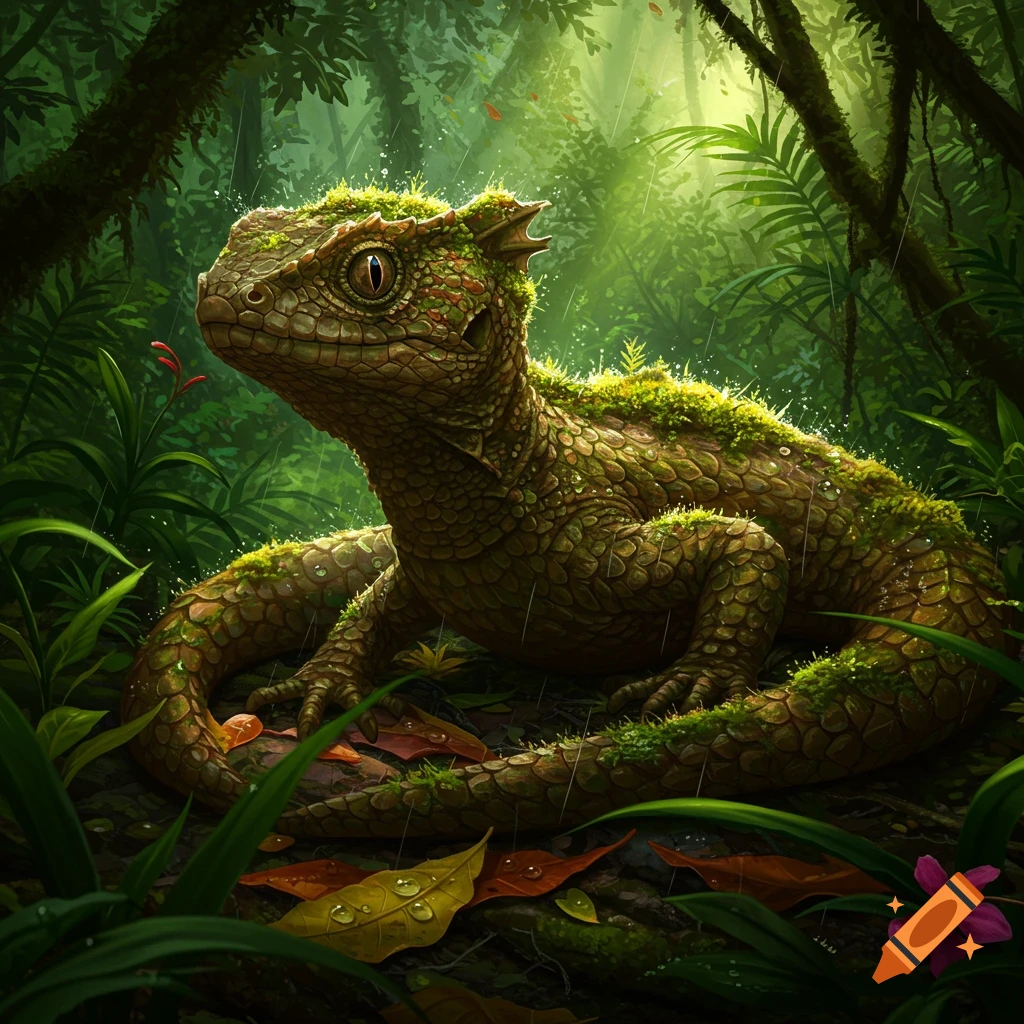 A detailed, close-up view of a green, moss-covered reptilian creature camouflaged in a lush, rainy rainforest.