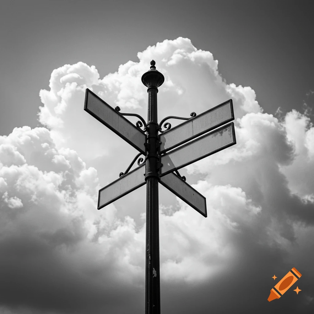 Black and white photorealistic image of a vintage street sign post with multiple blank signs against a cloudy sky.