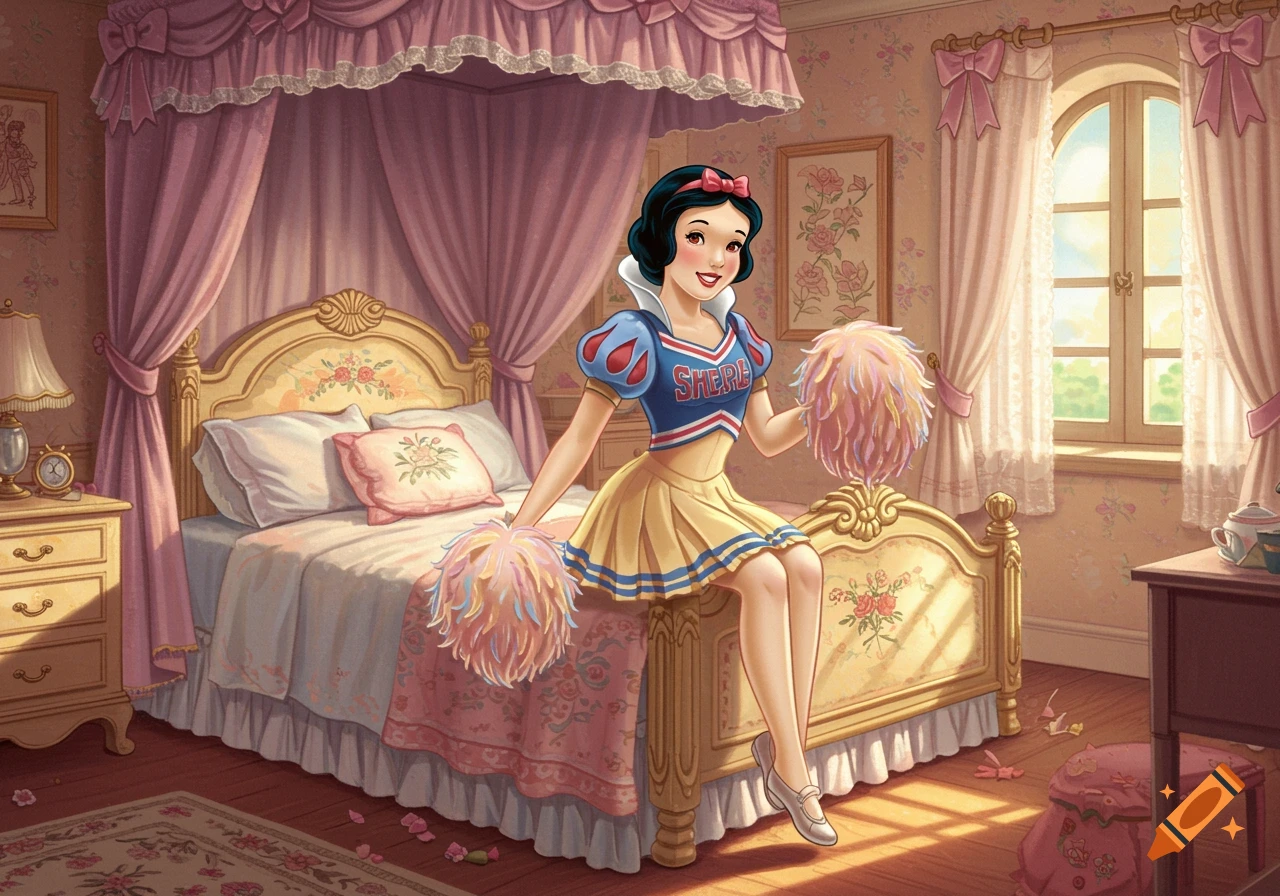 Snow White in a cheerleader uniform holding pom-poms, sitting on a bed in a pink and gold bedroom, in a pin-up art style.