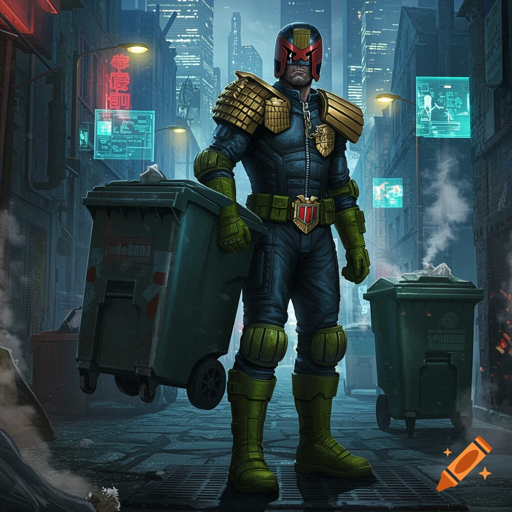 Judge Dredd, in a dark, rainy futuristic city alley, standing next to and holding a green garbage bin.