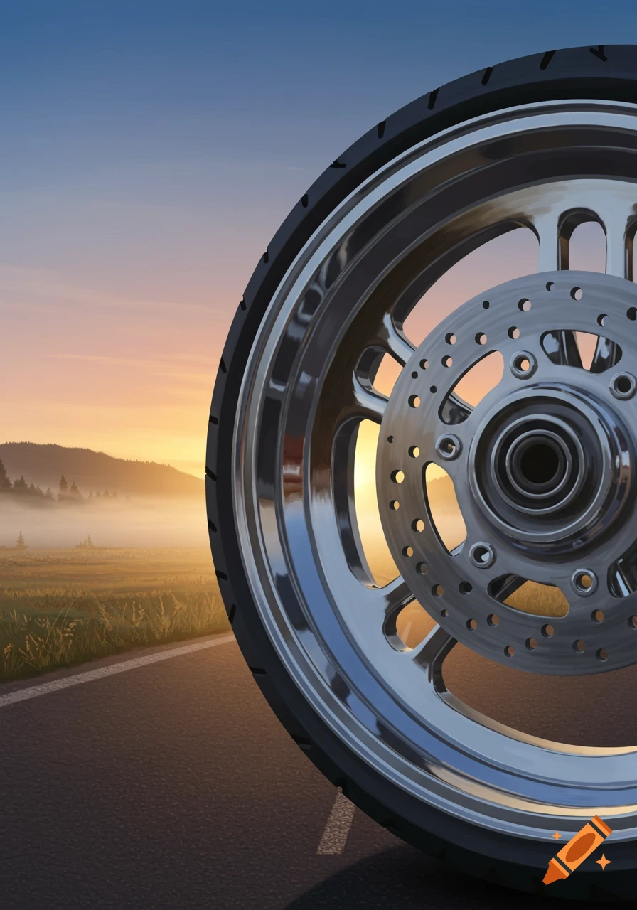 Close-up of a chrome motorcycle wheel and tire on a road, with a misty landscape and sunset sky in the background.