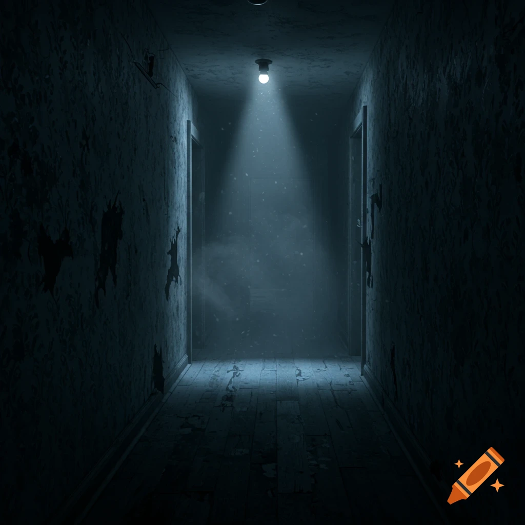 A dark, spooky hallway with peeling wallpaper and worn wooden floors, illuminated by a single light bulb.