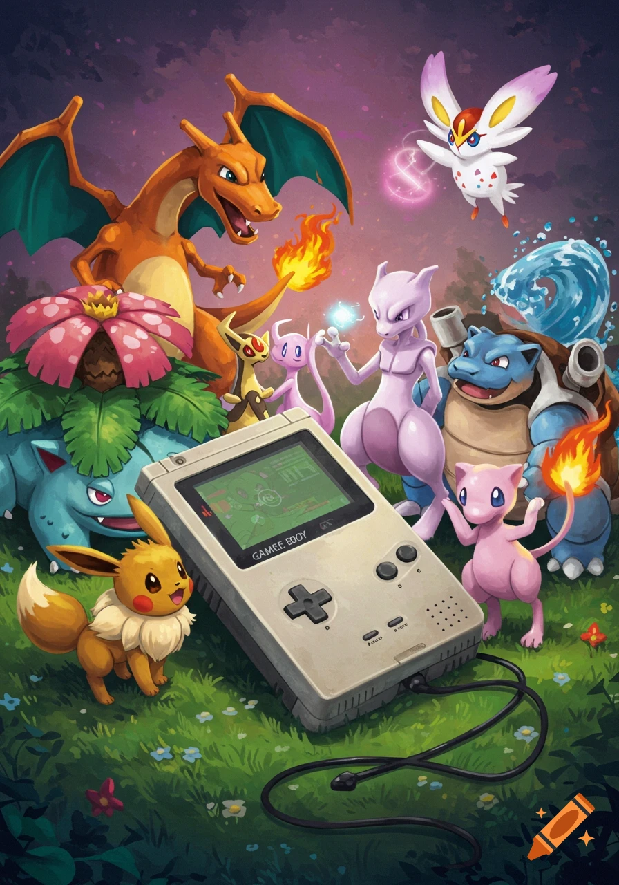 Charizard, Blastoise, Venusaur, Mewtwo, Eevee, Mew, and Togekiss Pok amon characters surround a Game Boy in a grassy field under a purple sky, in an illustrative style.