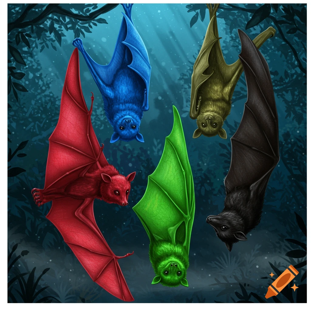 Five colorful illustrated bats, red, blue, green, olive, and black, hanging upside down in a dark, misty forest.